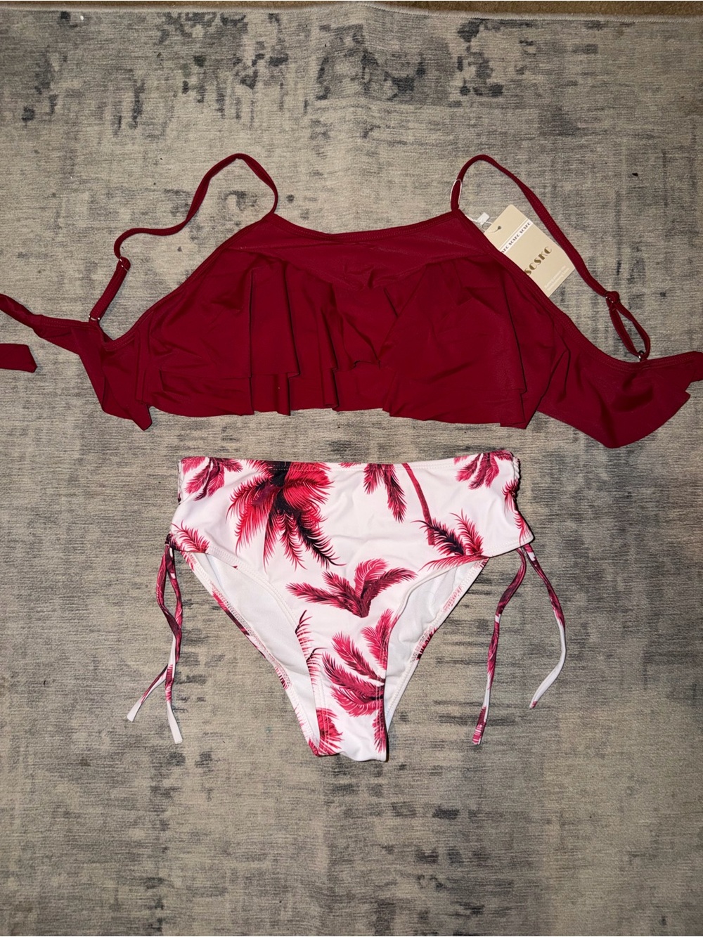 Red Ruffle Bikini Top with Palm Print Bottoms, size M NWT